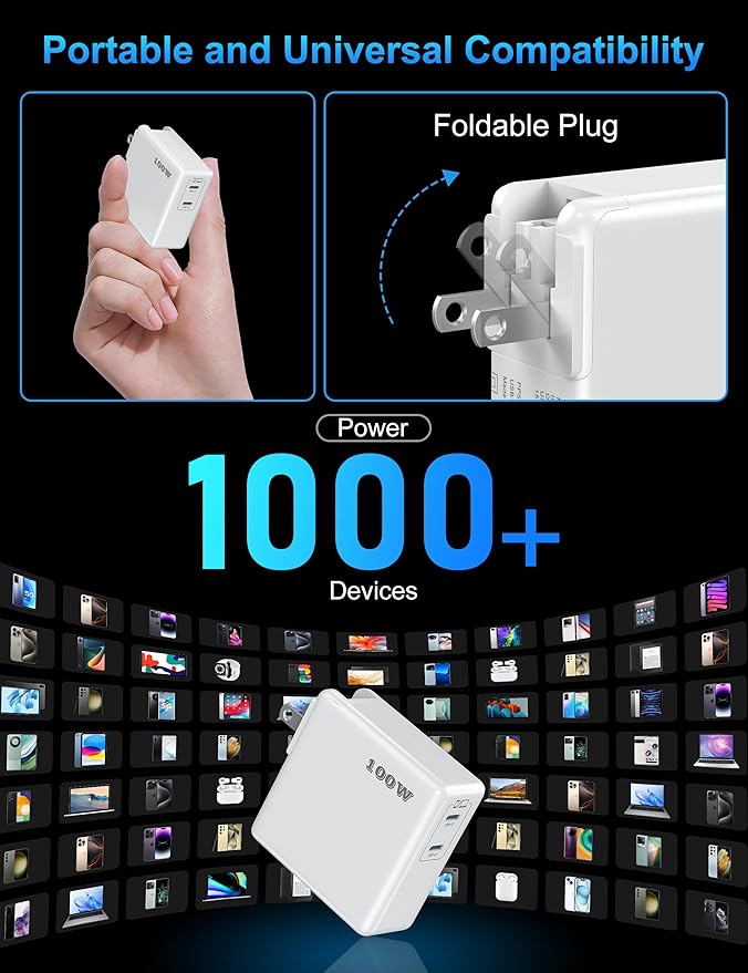 Mac Book Pro Charger, 100W USB C Fast Charger for MacBook Pro/MacBook Air 16 15 14 13 Inch, iPad Pro, iPhone 16/15 Pro and All USBC Devices, GaN Foldable Power Adapter with 10 FT USB C Charge Cable