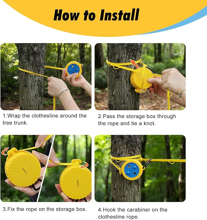Retractable Camping Clothesline, Portable Travel Clothes Line, Windproof Laundry Line with Clothespins & Hang Holes, Indoor Outdoor Drying Rope for Hotel Trip, Cruise, RV (Yellow, 12.5 Ft)