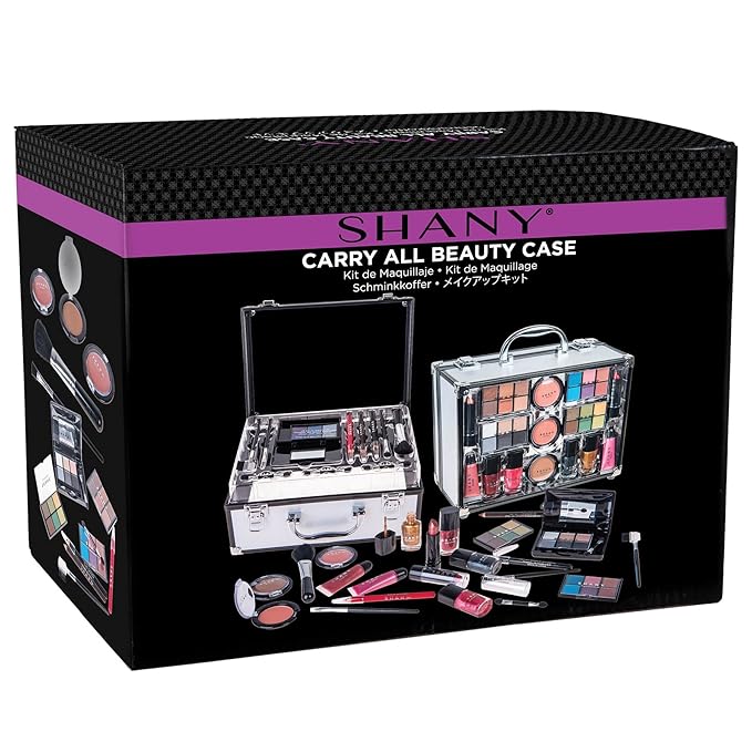 SHANY Carry All Trunk Makeup Train Case with Re-usable Aluminum Beauty Storage Organizer Case. Make up Set with Eye palettes, Blushes,Face Powders, Manicure, Pedicure and Cosmetics Brushes. GIFT SET