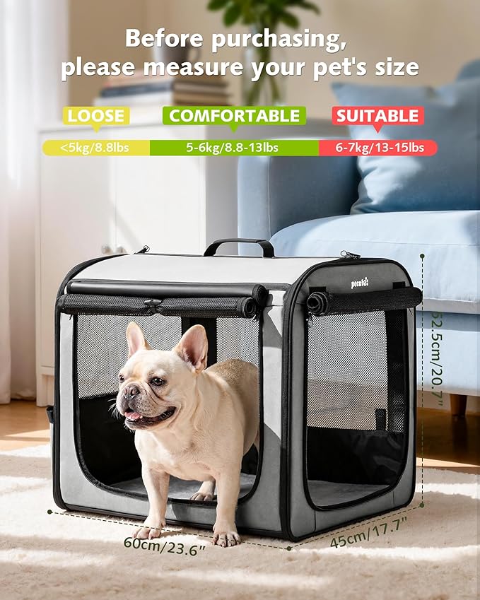 Dog Car Carrier Light Weight 24×17.7×20.5in, Dog Carrier Easy to Assemble, Dog Car Crate Portable and Breathable, Foldable Pet Carrier for Indoor and Outdoor, Dog Travel Crate with Curtain Gray