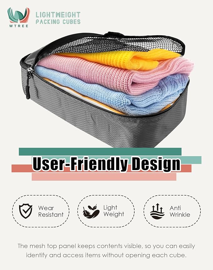 WTREE 4-Piece Packing Cubes Travel Accessories Set for Suitcases - Luggage Organizer Bags with Double Zipper - Mesh Top - Small - Dark Grey