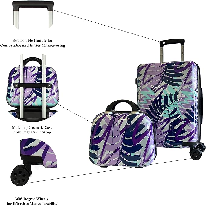World Traveler VentureX Airline Approved 2-Piece Carry-On Luggage Set – Lightweight Hardside Polycarbonate Suitcase with Spinner Wheels - Tropical Leaves