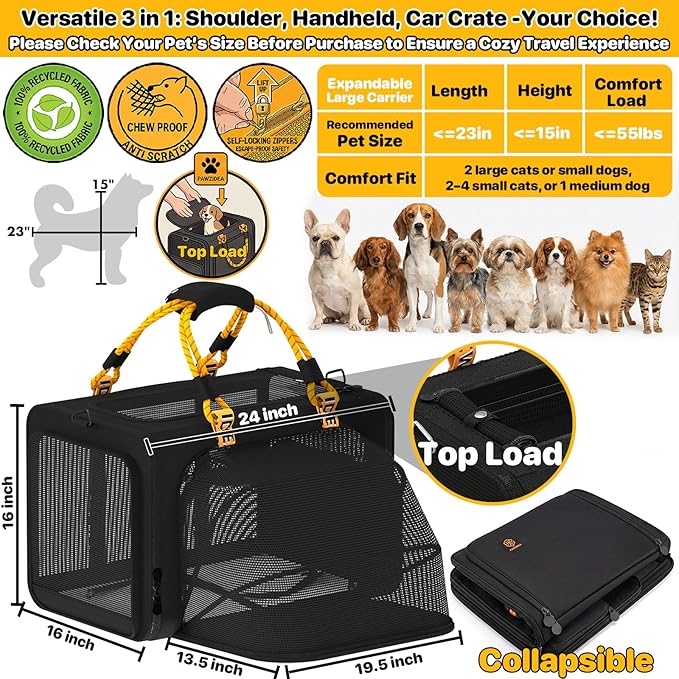 PAWZIDEA Large Pet Carrier Expandable, 24"×16"×16" Soft-Sided Cat Carrier for 2–4 Cats up 55lb, Portable & Collapsible Small Medium Dog Travel Crate for Car, XL Storage Pocket, ID Card, Shoulder Strap