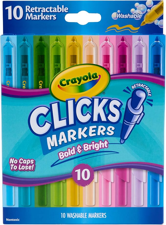 Crayola Clicks Retractable Markers Bold (10ct), Teacher Classroom School Supplies, Spring Crafts, No Dry Washable Markers for Kids