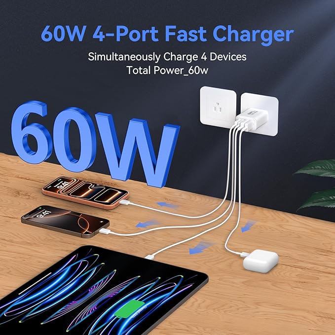 USB C Wall Fast Charger Block, 60W 4-Port Type C Charger Fast Charging Blocks +QC 3.0 USB C Multiport Charger Brick for Phone 16/15/14/13/12 Pro Max, Pad, Galaxy S24/23