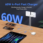USB C Wall Fast Charger Block, 60W 4-Port Type C Charger Fast Charging Blocks +QC 3.0 USB C Multiport Charger Brick for Phone 16/15/14/13/12 Pro Max, Pad, Galaxy S24/23