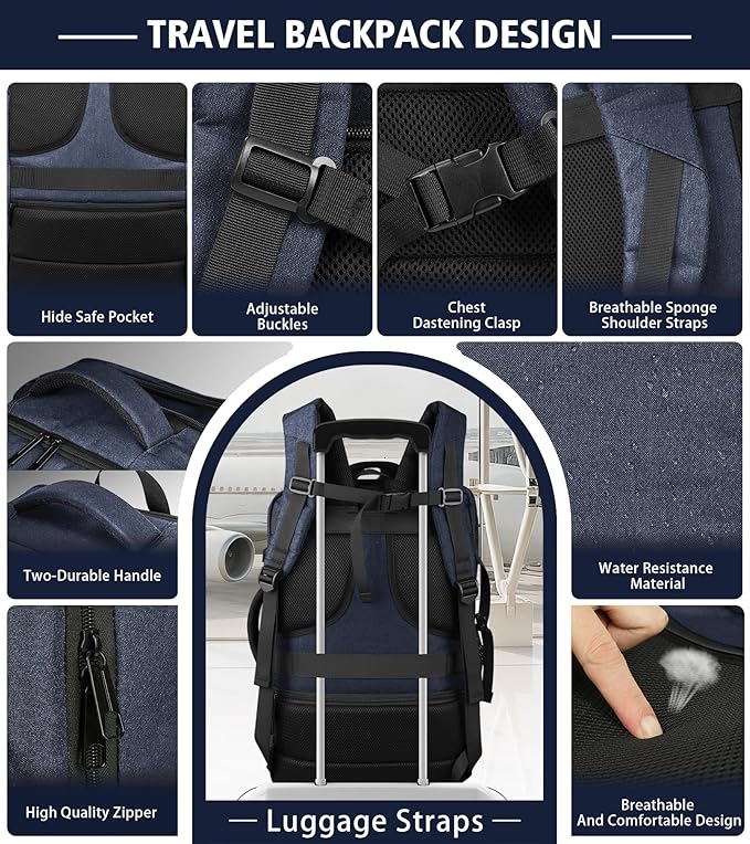 Travelability Carry On Backpack,Expandable 1-7 DAYS Roomy Travel Backpack with Cable Access Port,Anti Theft Water Resistant Fits 18.4"Laptop Large Business Backpack for Men Women,Flights Approve,Blue