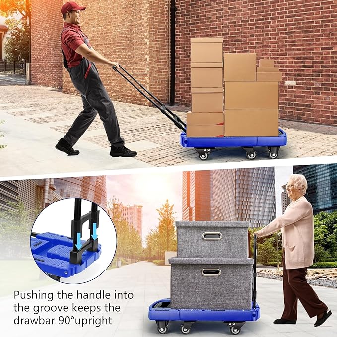 Folding Hand Truck with 6 Wheels and Elastic Ropes - Portable Heavy Duty Dolly Cart for Travel and Moving