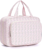 Narwey Travel Toiletry Bag for Women Large Hanging Makeup Bag Organizer Toiletries Bag for Full Size Essentials Accessories Cosmetics (Pink Flower Buds (Large))