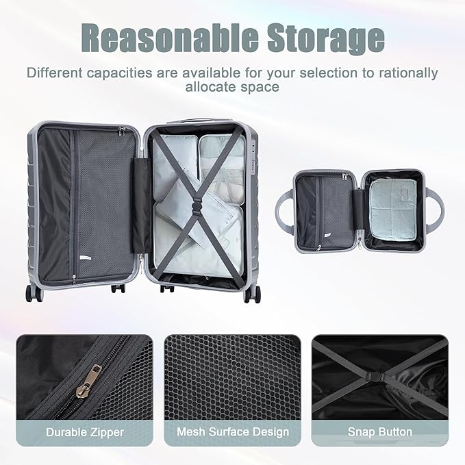Kids Luggage Sets for Girls, 2 Piece Luggage Set, 20 Inch Rotating Wheel Suitcase with 14 Inch Cosmetic Case, Lightweight Hardshell Suitcase with 360° Spinner Wheels for Travel (Silver)