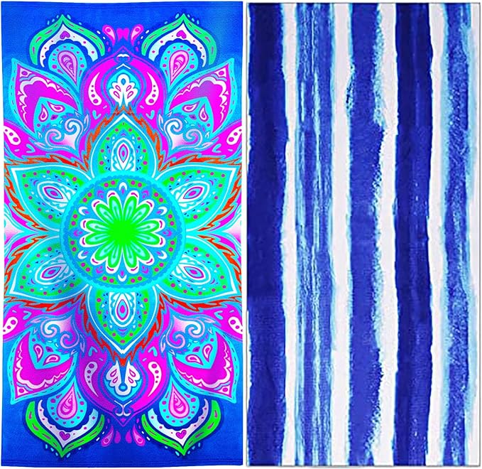 2 Packs Oversized Beach Towel Set Extra Large Big XL Pool Camping Swim Clearance Towels 36x72 Soft Blanket Cruise Essentials Accessories Must Haves Vacation Necessities Adult Blue Stripe Flower