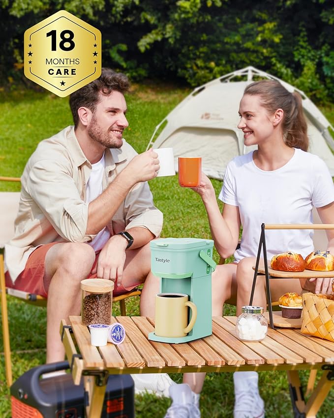 Tastyle Single Serve One Cup Coffee Maker, for K Cups and Grounds, Mini Coffee Maker with Portable Handle, 6 to 12 Oz Brew Size, for Travel, Camping, Office, RV and Dorm, 120V, Oasis