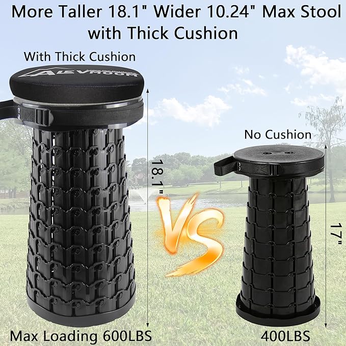 ALEVMOOM Upgraded Collapsible Stool with Cushion,600LBS Max Weight,18.1" Height Adjustable,Sturdy Portable Telescoping Stool,Folding Camping Stool for Outdoor Hiking Travel