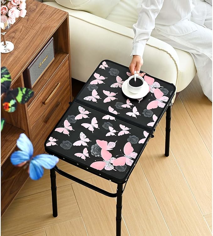 YihuiKo Small Camping Table, Vintage French Butterflies Pattern Folding Table, Adjustable Height, Lightweight & Portable Outdoor Picnic Table with Carry Handle for Patio, Living Room, Travel