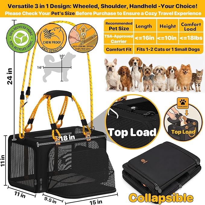 PAWZIDEA Expandable Pet Carrier Airline Approved, 18"×11"×11" Small Dog Carriers, Collapsible Top-Load Cat Carrier for 2 Cats Under Seat, Soft-Sided Puppy & Animal Travel Bag, ID Card, Up to 15lbs