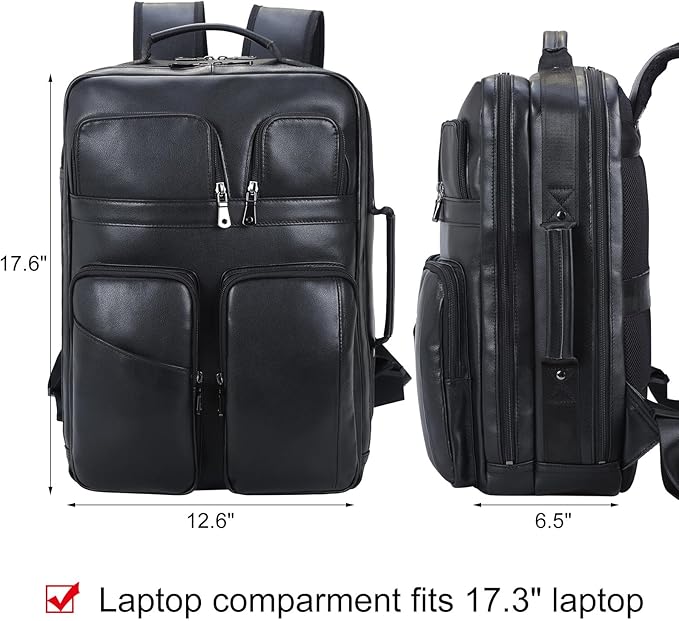TIDING 17.3" Leather Laptop Backpack for Men Multi Pockets Casual Daypack Business Travel Rucksack, Black