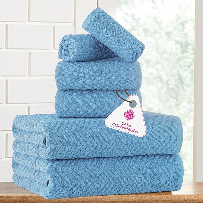 CASA COPENHAGEN EcoWave 6Pcs 100% Cotton Large Designer Towels Gift Set- Dusky Blue, 550 GSM, 2Bath 2Hand 2Washcloths, Bath Towels for Bathroom Set for Women & Men