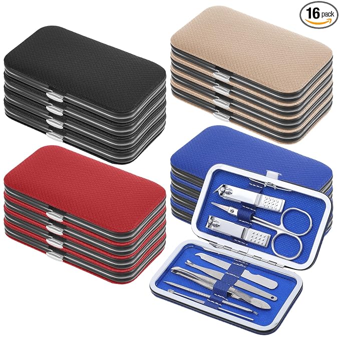 16 Pack Manicure Set Bulk – Professional 8-in-1 Stainless Steel Nail Clippers Kit with Travel Case, Grooming Pedicure Tools for Men & Women – Ideal Personal Care Gift (Black, Dark Red, Blue, Brown)