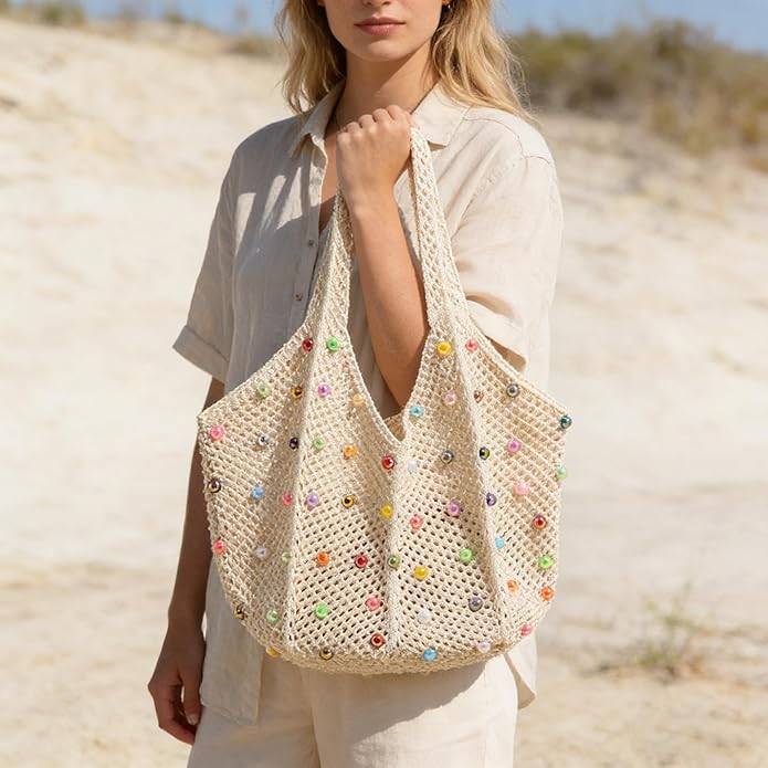 Boho Crochet Beach Tote Shoulder Bag with Colored Beads | Colorful Aesthetic Hippie Knit Bag for Women