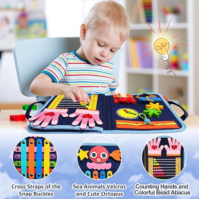 Gojmzo Busy Board Montessori Toys for Toddler Boys & Girls Gifts, Sensory Toys for Toddlers, Educational Travel Preschool Activities Learning Alphabet Count Fine Motor Skills