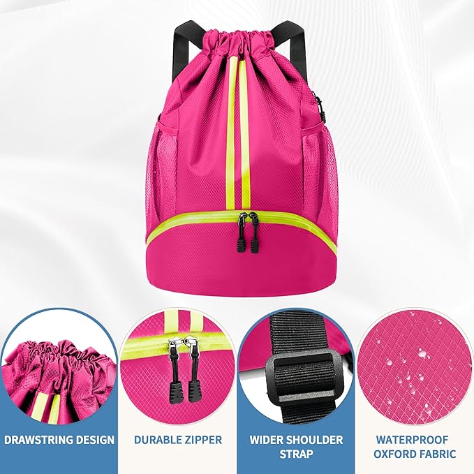 JELUTAR Drawstring Backpack Gym Bag with Shoes Compartment for Soccer, Basketball, Swim, Water-Resistant String Backpack Beach Cinch for Women Men, Rose
