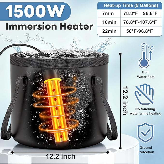 Portable Shower with Heater 6000mAh Rechargeable Camping Shower with LED Display, 3 Spray Modes, IPX7 Waterproof Shower Pump Foldable Bucket Outdoor Showering for Hiking RV Car Travel Pet