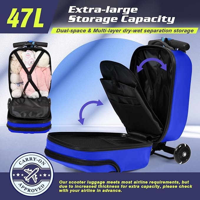 smilesun Top Opening Scooter Luggage for Kids & Adults，Foldable Scooter Suitcase with Front Opening，Lightweight Carry On Riding Suitcase For Children Teenagers Adults（21" Blue）