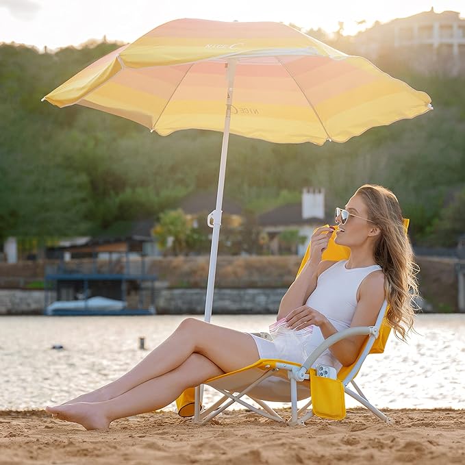 Nice C Beach Chair, Sand Chair, Lake Chairs for Adults with Umbrella and Cooler, Low Beach Chairs High Back, Cup Holder & Carry Bag & Heavy Duty Compact Outdoor, Camping (One Yellow)