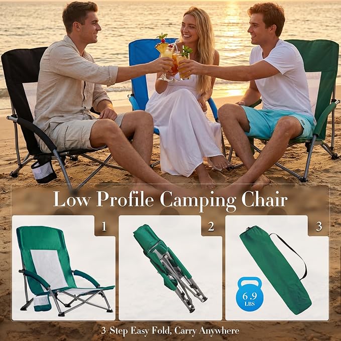 DUMOS Low Beach Chair for Adults, Lightweight Folding Beach Chair with Cup Holder, Storage Bag, Breeze Mesh Back, Padded Armrests, Compact Low Profile Chair for Camp, Picnic, Lawn, Sand