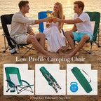 DUMOS Low Beach Chair for Adults, Lightweight Folding Beach Chair with Cup Holder, Storage Bag, Breeze Mesh Back, Padded Armrests, Compact Low Profile Chair for Camp, Picnic, Lawn, Sand