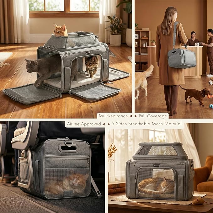 Top-Expandable Pet Carrier with Treat & Pet Window,17x11x9.5 Inch Alaska Hawaiian Airline Approved,Soft-Sided Dog Carrier for Small Dogs and Cats,Travel Cat Carrier with Locking Safety Zippers,Grey