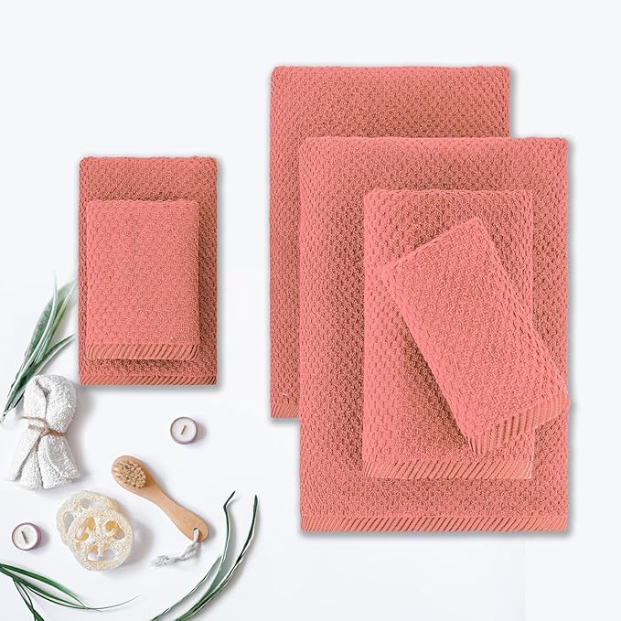 CASA COPENHAGEN Popcorn 6Pcs 100% Egyptian Cotton Large Designer Towels Gift Set- Peach, 600GSM, 2Bath 2Hand 2Washcloths, Bath Towels for Bathroom Set for Women & Men
