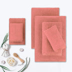 CASA COPENHAGEN Popcorn 6Pcs 100% Egyptian Cotton Large Designer Towels Gift Set- Peach, 600GSM, 2Bath 2Hand 2Washcloths, Bath Towels for Bathroom Set for Women & Men