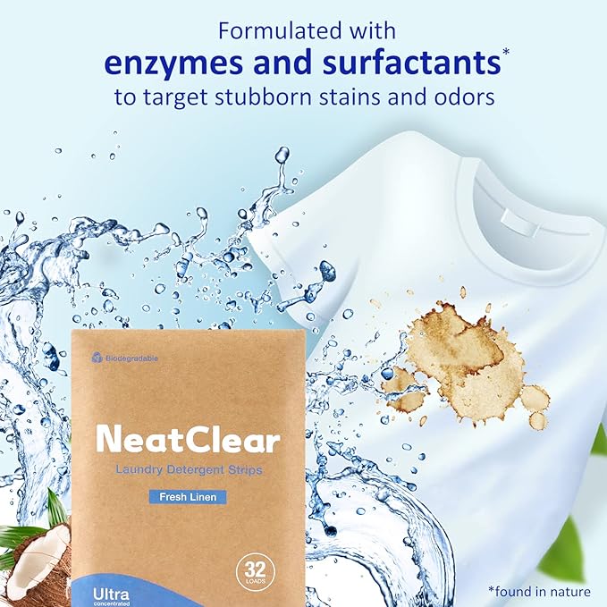 Eco-friendly Laundry Detergent Sheets, Travel Size Liquidless Soap Sheets NeatClear | No Mess & Space-Saving, Great For Travel, Apartments, Dorms | Fresh Linen Scent 32 Laundry Strips (32 Loads)