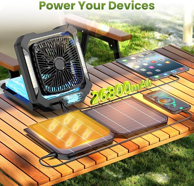 26800mAh Portable Fan Rechargeable with 18W Detachable Solar Panel, Quiet Battery Powered Camping Fan Cordless with LED Lantern,3 Speed,Timer,USB-C,for Bedroom Tent Home Office Desk Hurricane(Black)