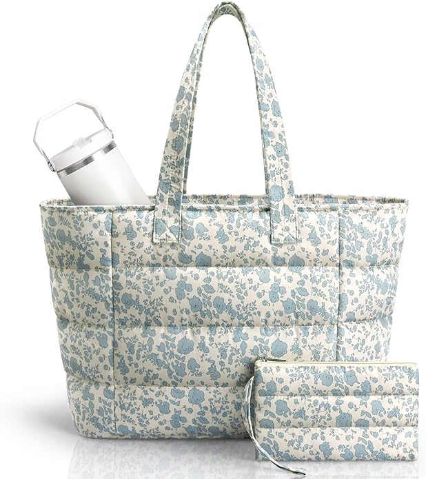 Puffer Tote Bag with Pouch,Women's Lightweight Quilted Shoulder Bag,15.6"/17.3" Laptop Travel Weekender for Work & Nurses