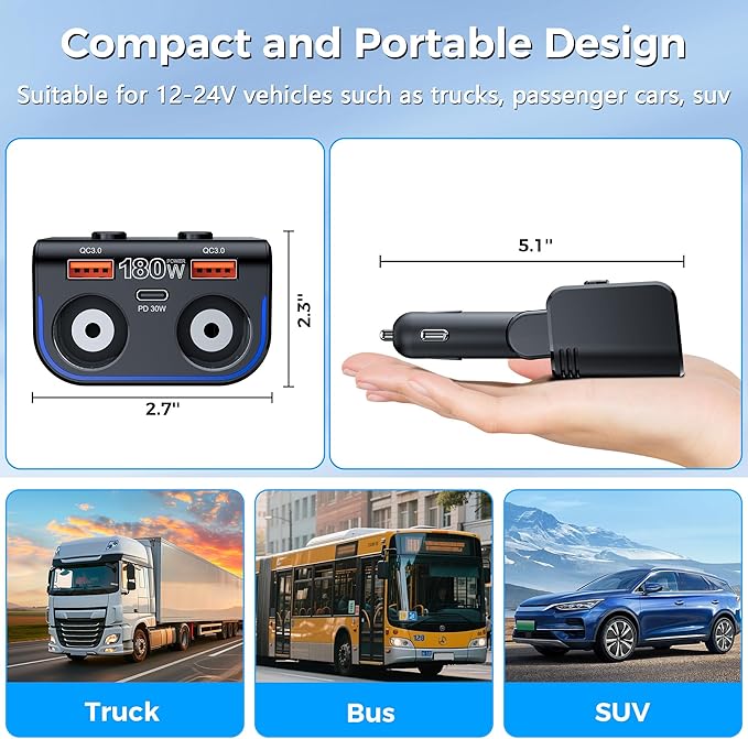 SONRU 180W Cigarette Lighter Splitter, 30W PD & Dual QC3.0 Car Charger Adapter,24V/12V Car USB Adapter 2-Socket with Voltmeter Fast Charging for iPhone 17/16/15 Car Devices