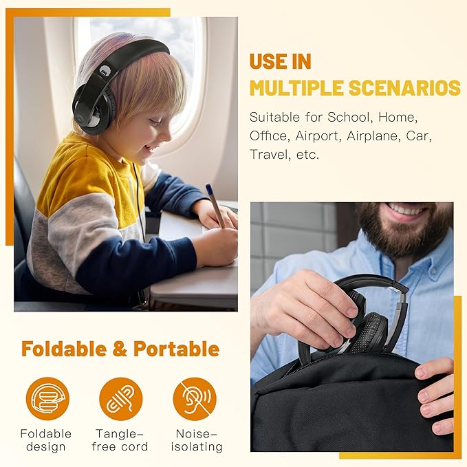 rockpapa Comfort Kids Headphones for School, Lightweight Foldable Portable Childs Boys Girls Teens Headphones Wired 3.5mm with 4.9ft Cord for Travel Airplane Tablet Phone Pad Laptop Black