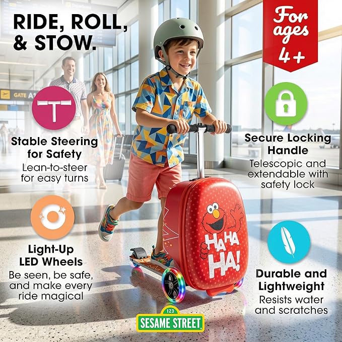 Sesame Street Elmo Ride-On Scooter Suitcase for Kids – Hardside Lightweight Carry-On Luggage with Foldable Scooter & LED Wheels