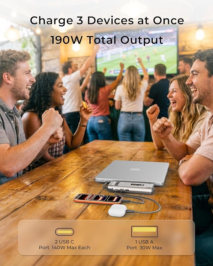2026 FIFA Licensed 190W 20000mAh Power Bank for Laptop Portable Charger,3-Port USB-C Fast Charging Battery Pack with Built-in Retractable Cables for MacBook,Cell Phones,iPhone 17,iPad,Android,Samsung