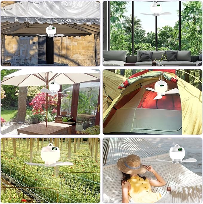 Rechargeable Tent Fan, Portable Hanging Camping Fan with LED Light & Remote, 8000mAh Battery Powered, 3 Speed with Timer for Outdoor, RV, Canopy, Beach, Patio & Gazebo