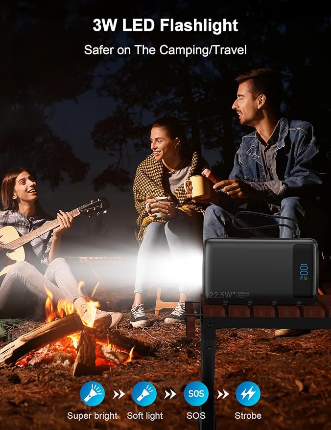 Portable Charger, 27000mAh 22.5W Fast Charging Power Bank with Built-in Cable, USB C Battery Pack with LED Display/Flash Light, Travel Essential External Battery Charger Bank for iPhone Samsung Black