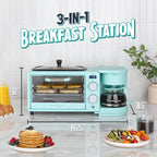 Nostalgia 3-in-1 Retro Breakfast Station - Includes 5 Cup Coffee Maker, Non-Stick Ceramic Griddle, and 4-Slice Toaster Oven - Built-In Timer, Reusable Coffee Filter, Space-Saving Design - Aqua