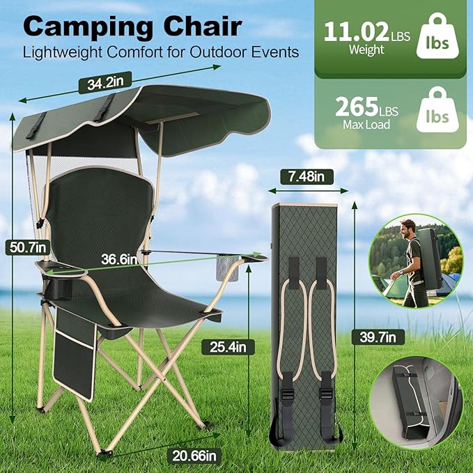 VTOY Portable Camping Chair with Canopy - Folding Chair with Canopy, Durable 600D Oxford Canopy Chair for Camping, Beach, Picnics, Fishing & Sports