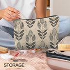 Vintage Boho Beige Floral Makeup Bag, Modern Farmhouse Green Tulip Flower Cosmetic Bags for Women, Contemporary Leaf Botanical Zipper Makeup Pouch