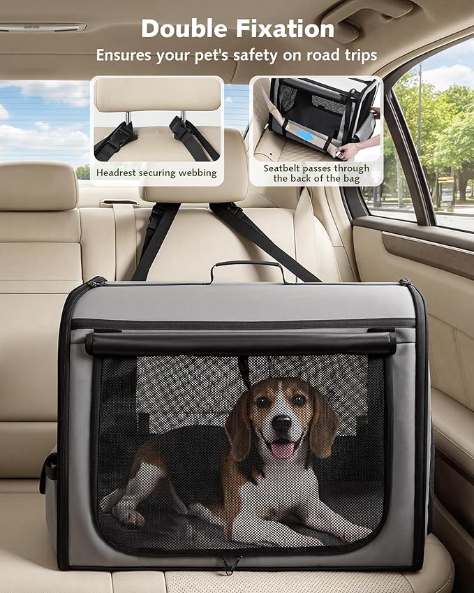 Large Dog Car Carrier Light Weight, 27×20.5×20.5ins Dog Carrier for Cars, Portable Dog Car Crate with Breathable Windows, Stable Pet Carrier for Both Indoor and Outdoor Use, Pet Travel Crate Gray
