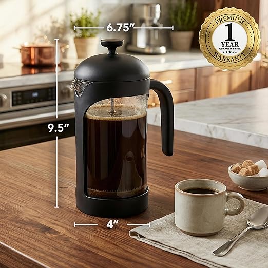 OVENTE French Press Coffee Maker 34 Ounce with Heat Resistant Borosilicate Glass & Stainless Steel 4-Level Filtration System, Portable Cold Brew Coffee Maker for Travel, Camping or Gift, Black FPB34B