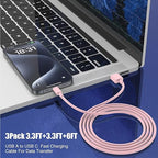 3-Pack Pink [3.3FT+3.3FT+6FT] USB A to USB C Cable，USB to USB C Car Carplay Cable for iPhone 16 15 Pro Plus Pro Max，for iPad Pro/Air/Mini，for Samsung S24/S23/S22/S21，for MacBook Pro/Air and More