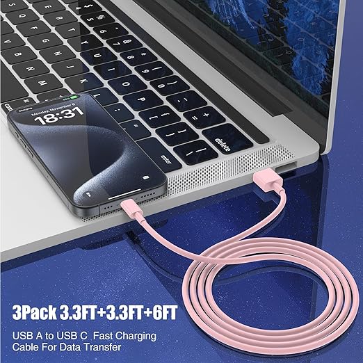 3-Pack Pink [3.3FT+3.3FT+6FT] USB A to USB C Cable，USB to USB C Car Carplay Cable for iPhone 16 15 Pro Plus Pro Max，for iPad Pro/Air/Mini，for Samsung S24/S23/S22/S21，for MacBook Pro/Air and More