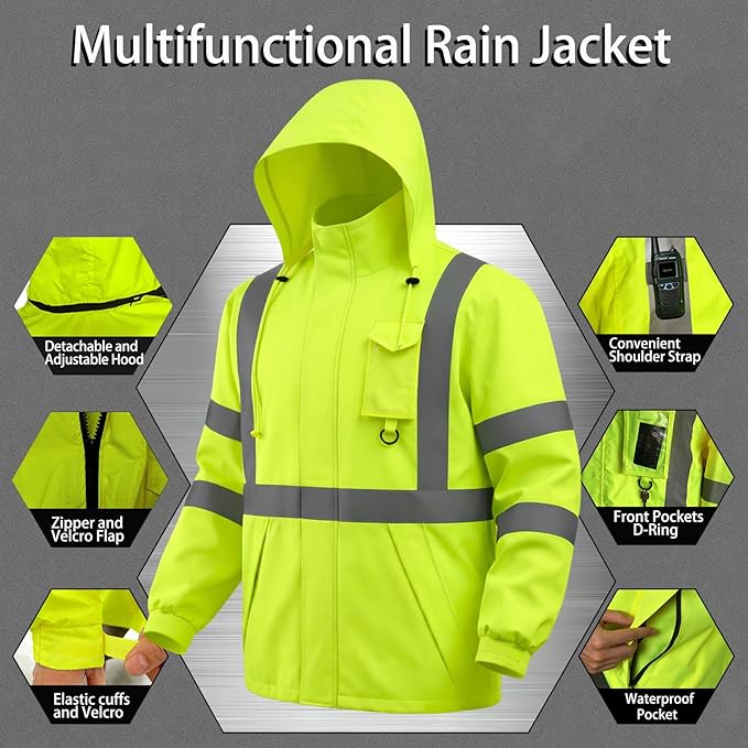 Hi Vis Class 3 Safety Rain Jacket for Men Waterproof, Reflective High Visibility Rain Gear Construction Rain Suit (Yellow L/XL)